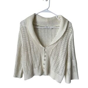 Cato Cream Open Knit Pointelle Cardigan Rhinestone Button Shawl Collar Medium